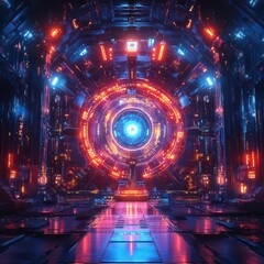 Obraz premium Craft a monumental Interstellar Station with a vibrant energy core, holographic projections presenting universal power data, cyber-futuristic vibe, ultra-HD detail