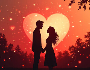 Romantic Couple Holding Hands at Sunset with Heart Silhouette