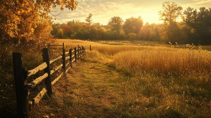 Obraz premium A serene autumn field with a rustic wooden fence,