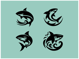 Shark logo collection: Nine powerful vector designs for branding. A collection of nine stylized shark logos, set against a muted teal background.
