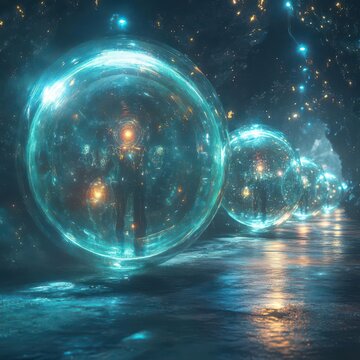 Craft a panoramic vision of a mystical energy haven, with ancient entities enclosed in luminous spheres, adrift in zero gravity Blend futuristic mythos with an ethereal touch