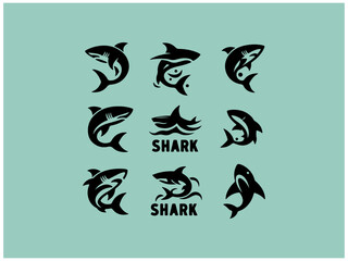 Shark logo collection: Nine powerful vector designs for branding. A collection of nine stylized shark logos, set against a muted teal background.