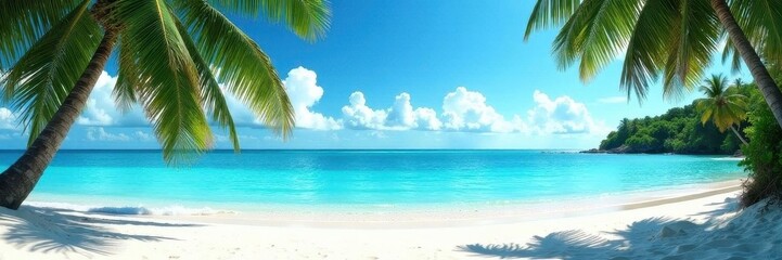 Obraz premium White sand, crystal clear water, palm trees silhouette, landscape, sun, water