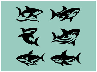 Shark logo collection: Nine powerful vector designs for branding. A collection of nine stylized shark logos, set against a muted teal background.