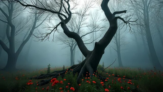  Foggy forest landscape with red poppies in the foreground and gnarled tree branches in the background