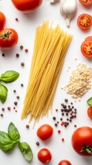 Colorful tomatoes, fresh basil, and a sprinkle of spices surround perfectly arranged pasta, creating an inviting atmosphere for a culinary masterpiece to unfold in the kitchen