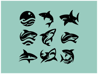 Shark logo collection: Nine powerful vector designs for branding. A collection of nine stylized shark logos, set against a muted teal background.