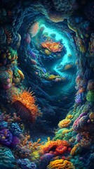 Vibrant digital artwork of a mesmerizing underwater coral reef cave, showcasing diverse coral formations and aquatic life in vivid colors.