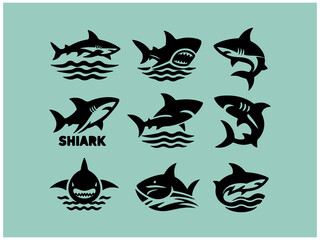 Shark logo collection: Nine powerful vector designs for branding. A collection of nine stylized shark logos, set against a muted teal background.