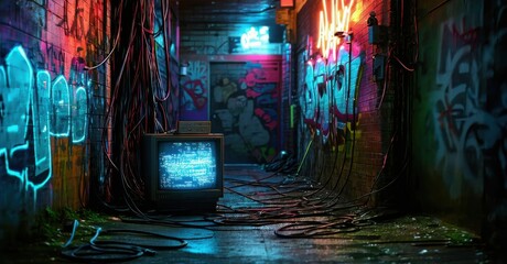 Neon streaked urban alley old crt television flickering static surrounded graffiti tangled cables