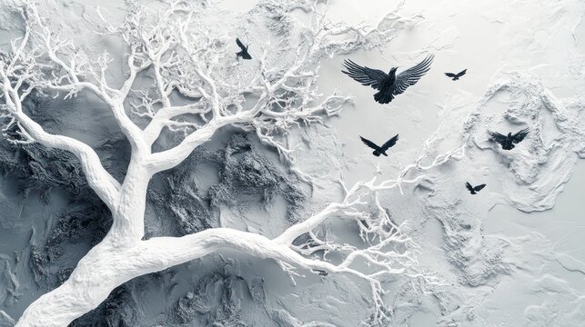 White tree, crows flying, textured background, wall art
