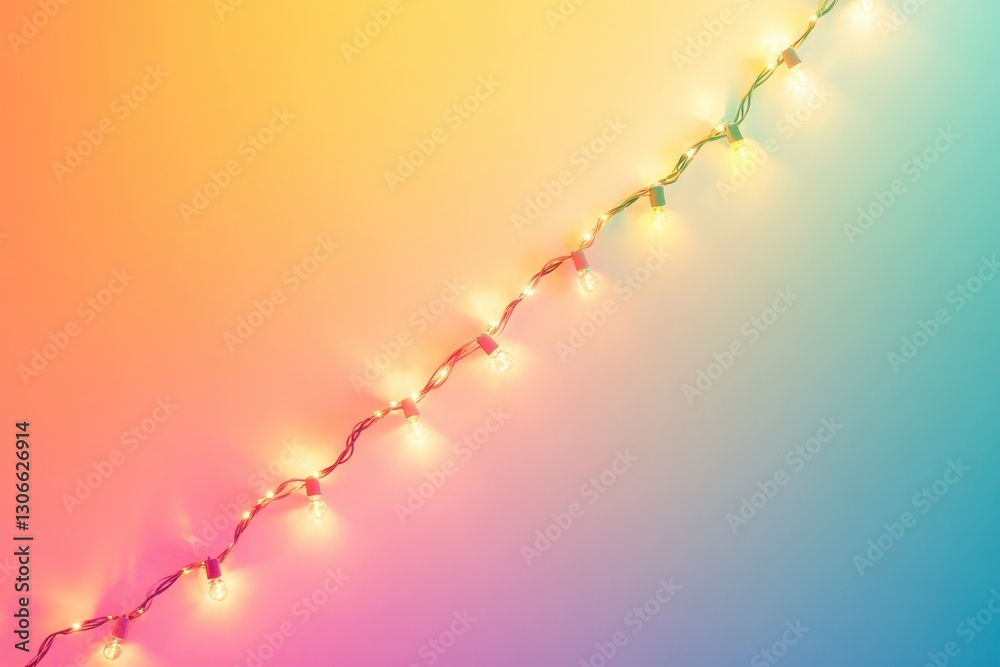 Poster Colorful glowing light garland arranged diagonally on a soft rainbow gradient background with space for text Generative AI