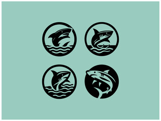 Shark logo collection: Nine powerful vector designs for branding. A collection of nine stylized shark logos, set against a muted teal background.