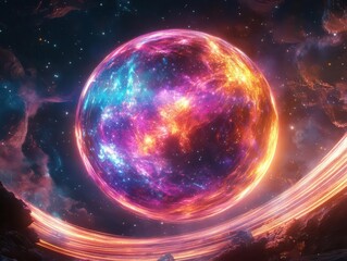 Obraz premium Create a massive, glowing energy sphere floating in the void, emitting vibrant cosmic colors, encircled by celestial bands, futuristic, hi-tech 3D graphics