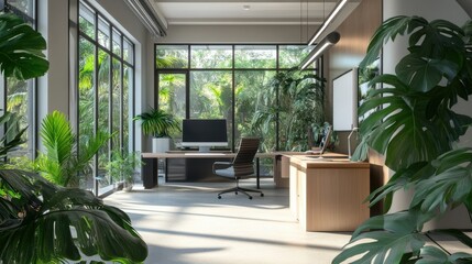 A sleek office space decorated with lush monstera