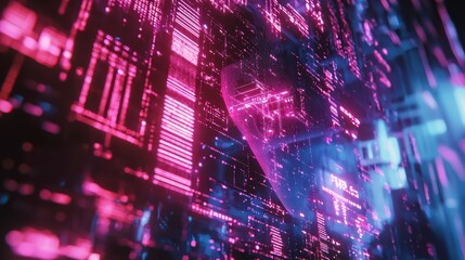 Digital Matrix: A mesmerizing composition showcasing a complex digital matrix, illuminated by a vibrant display of blue and pink neon lights