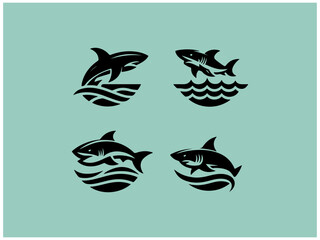 Naklejka premium Shark logo collection: Nine powerful vector designs for branding. A collection of nine stylized shark logos, set against a muted teal background.