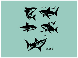 Shark logo collection: Nine powerful vector designs for branding. A collection of nine stylized shark logos, set against a muted teal background.