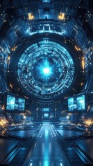 Obraz premium Design a grand Interstellar Station with a dynamic energy core, holographic screens displaying universal energy data, cyber-futuristic feel, ultra-HD quality