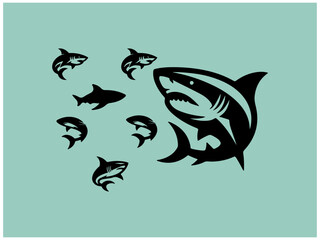 Fototapeta premium Shark logo collection: Nine powerful vector designs for branding. A collection of nine stylized shark logos, set against a muted teal background.