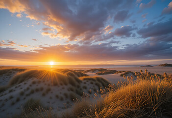 Golden Sunset Over Coastal Dunes with Twilight Glow