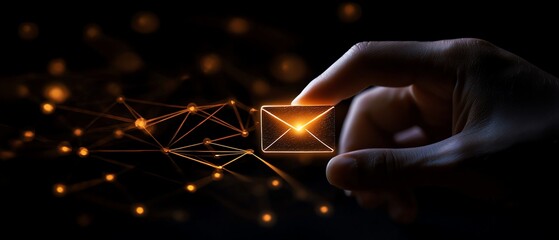 Futuristic hand interacting with glowing envelope icon in a dark setting, symbolizing digital communication and innovation.