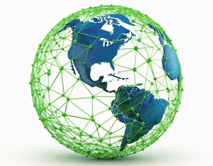 Stylized digital globe logo, featuring interconnected lines and dots to symbolize global connectivity and advanced technology, in cybernetic blue and digital green colors, white background
