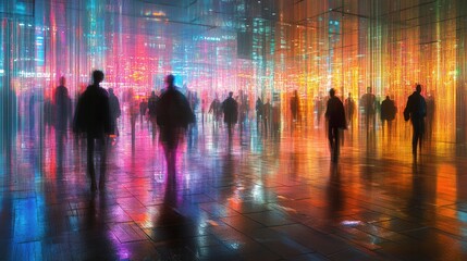 Obraz premium Vibrant cityscape with silhouettes and colorful lights at night