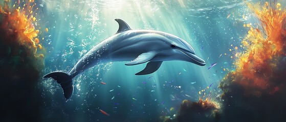 Fototapeta premium Majestic dolphin gracefully swims through sunlit ocean waters, surrounded by vibrant coral and schools of fish. A breathtaking underwater scene.