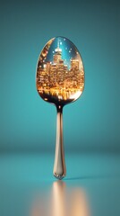 A spoon reflecting a vibrant city skyline, blending everyday objects with urban beauty.