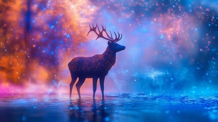 Glowing spirit deer standing at the edge of enchanted river, cosmic mist swirling, peaceful and majestic, fantasy art, ultra-detailed, 8k