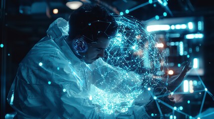 Digital Network: A focused scientist examining an intricate digital network displayed in front of him, showcasing the intersection of technology and scientific research. 