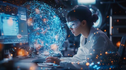 Digital Explorer: A focused scientist is immersed in an advanced technological environment, the core of innovation and research, accompanied by visual data, capturing innovation.