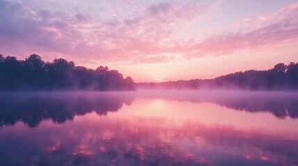 Fototapeta premium Misty sunrise over tranquil lake reflecting colors