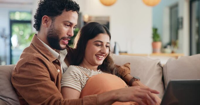 Happy couple, relax and laptop in home for discussion, online shopping and purchase furniture together. Man, woman and computer on sofa on internet for financial decision, banking or credit score