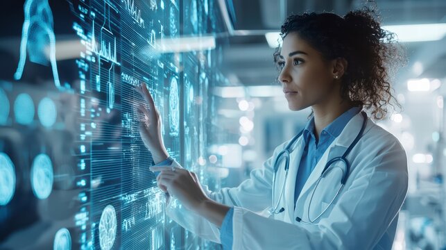 Digital Health: A focused medical professional interacts with futuristic digital interface, reviewing data, signifying innovation in modern healthcare.  - Powered by Adobe