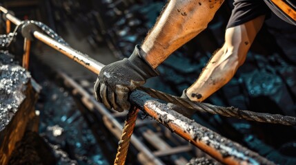 Miner Descending Narrow Ladder into Deep Underground Coal Shaft