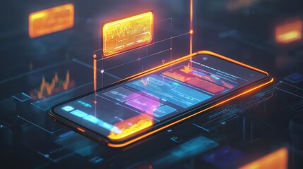 Digital Data on Display: Futuristic design showcases a smartphone illuminated by holographic data displays, providing insights into the digital world