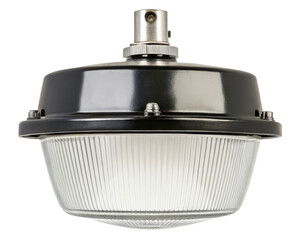 Black outdoor hanging lamp with glass shade on a transparent background