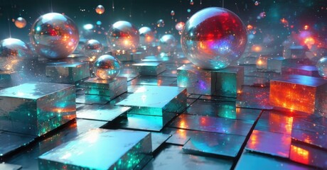 Surreal floating abstract background glowing holographic spheres sharp edged metallic squares icy silver fiery red vibrant teal