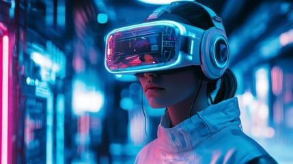 Immersive Reality: A person experiences virtual reality within a futuristic, neon-lit environment, surrounded by holographic interfaces, showcasing a fusion of technology and human interaction.