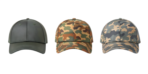 Three Different Camouflage Baseball Caps on White Background, Camo Caps, Outdoor Sports Hats, Cut Out