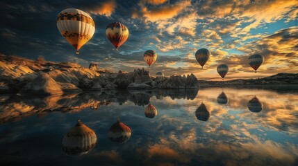 Obraz premium Panoramic Cappadocian dawn with hot air balloons over tranquil lake