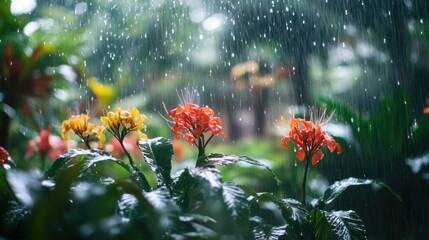 A stunning view of a rainy garden where rainwater