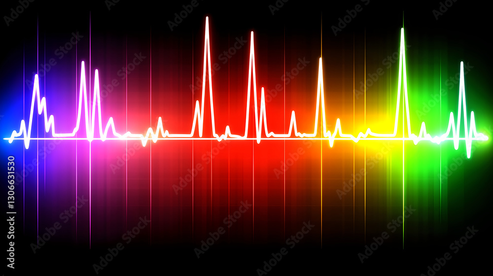 Poster dynamic sound wave visualization colorful pulse graphs digital art abstract environment high-tech vi