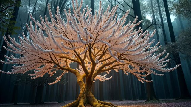  Magical tree with glowing blossoms and fireflies in a mystical forest