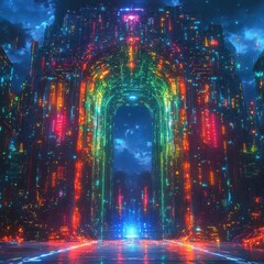 Fototapeta premium Visualize a majestic energy barrier defending a utopia, changing colors as cosmic energies interact, intricate circuits glowing Sci-fi surrealism