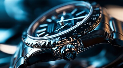 Elegance in Time: The intricate details of a luxurious watch, showcasing precise craftsmanship and timeless design, the gleam of stainless steel and the interplay of light and shadow.