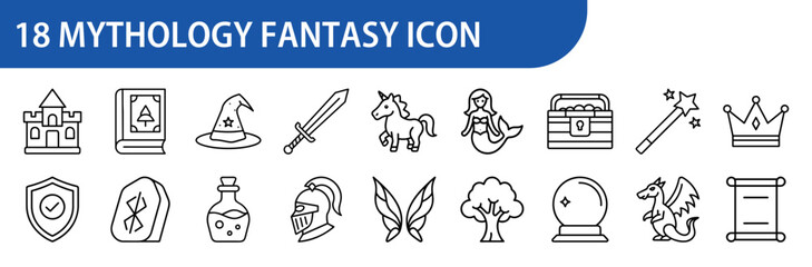 Mythology and Fantasy Icons Set - A collection of 18 black and white line icons depicting mythology and fantasy elements, including a wizard hat, sword, dragon, and potion.
