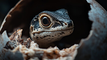 Naklejka premium captivating close up of reptile hatching from its egg, showcasing delicate cracks and wonder of new life emerging with curious gaze